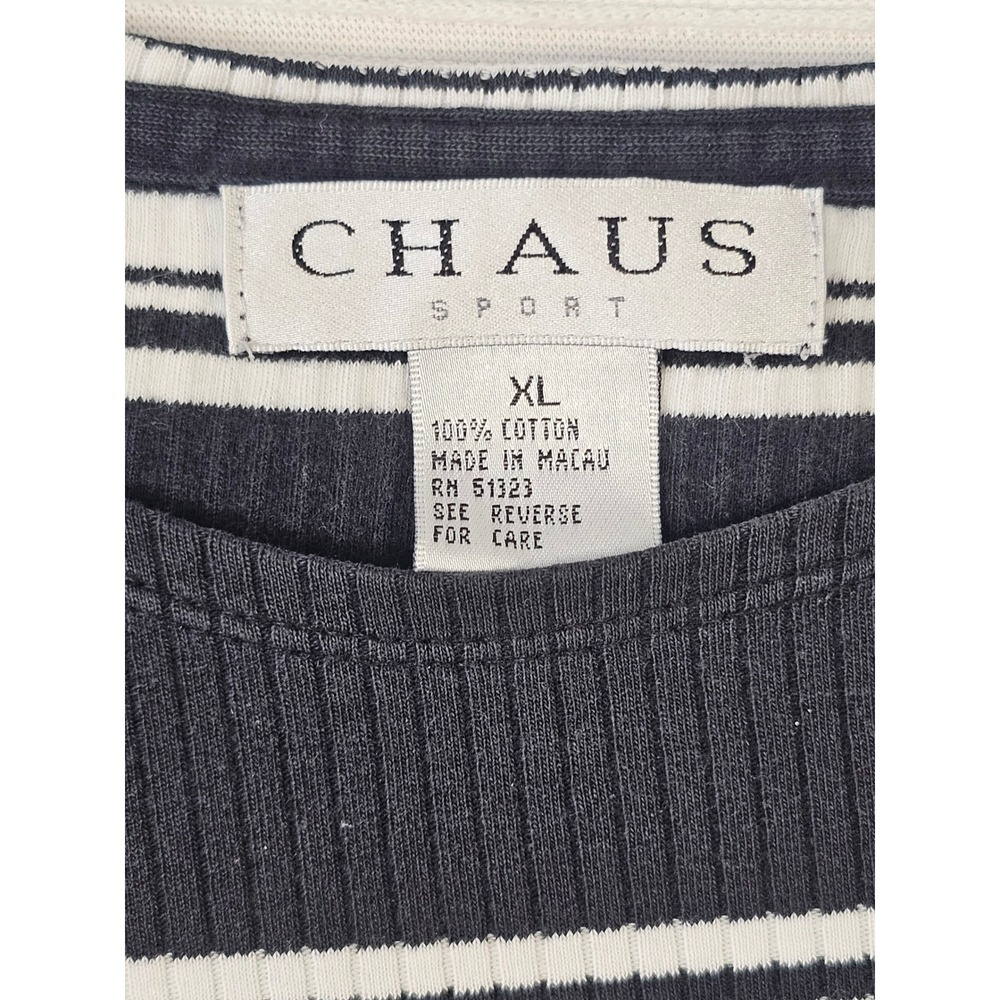 Chaus Sport Womens XL Navy Blue White Striped Ribbed Cotton Short Sleeve T-Shirt - Picture 2 of 5